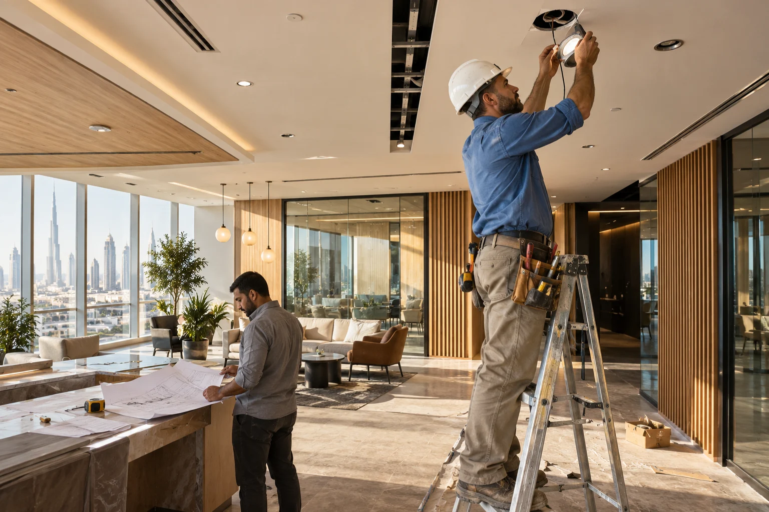 Commercial building fit-out electrician installing ceiling lighting in Dubai