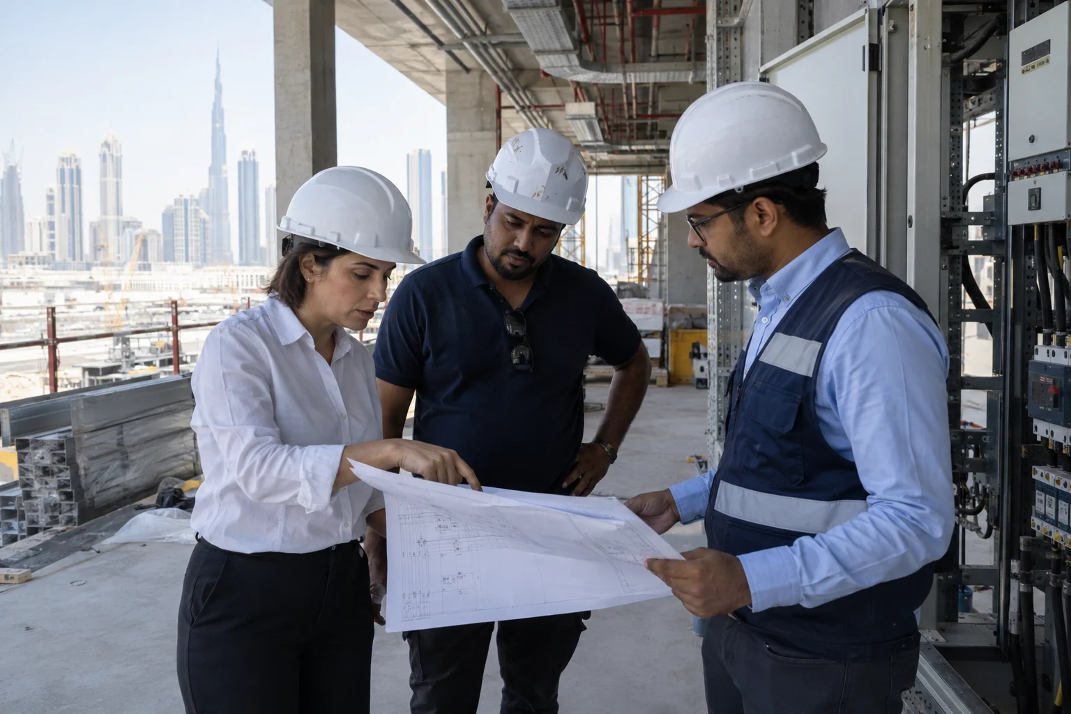 EPC engineers reviewing plans at a Dubai commercial construction site