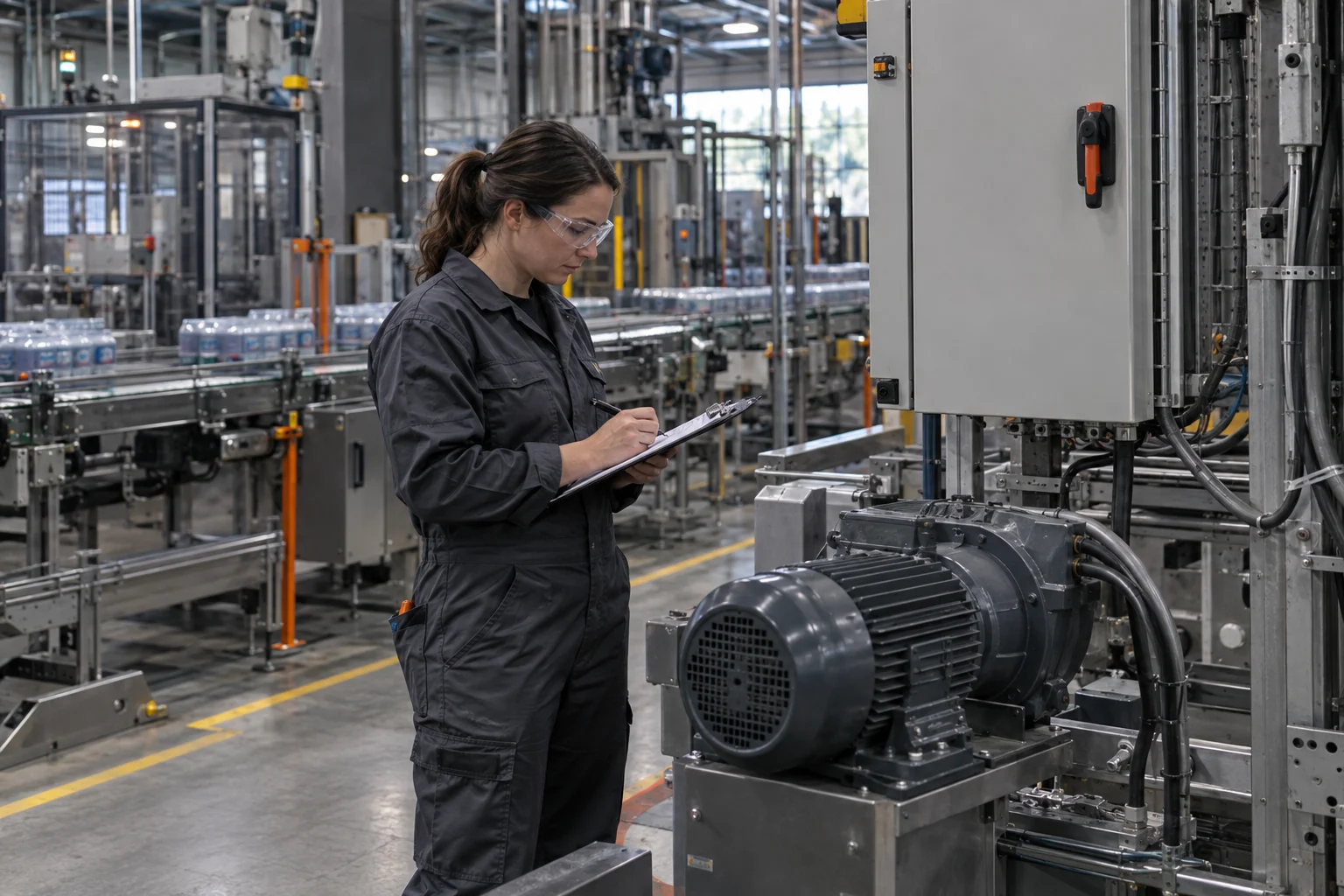 Plant maintenance engineer checking a motor drive and production equipment