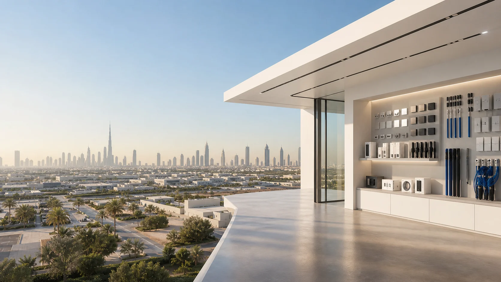Dubai skyline viewed from a contemporary electrical equipment showroom